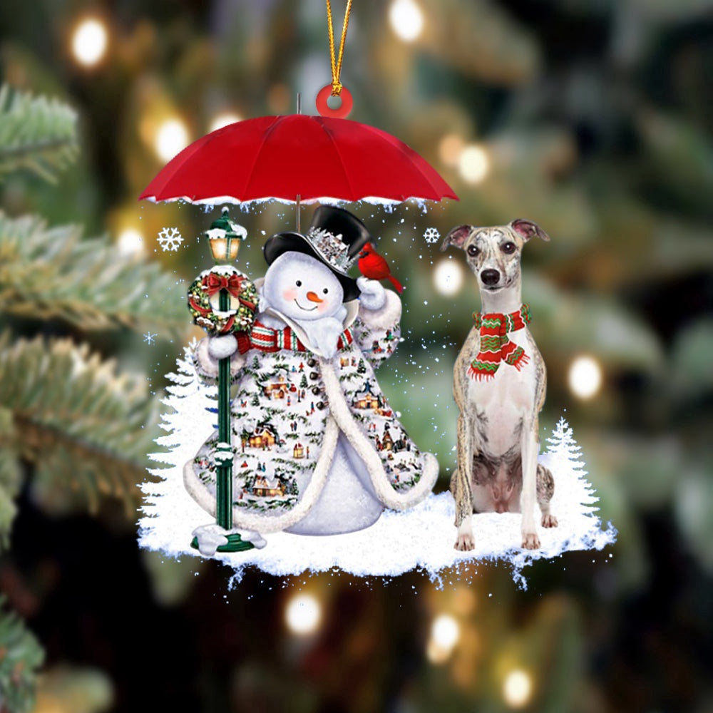 Dog Christmas Ornament, Whippet With Snowman Christmas Ornament, Pet Christmas Ornaments