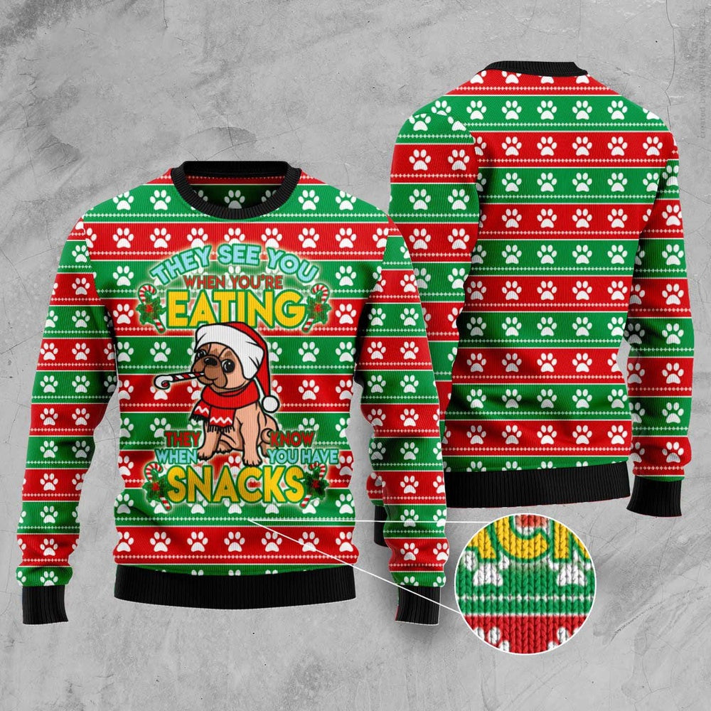 Dog Xmas Sweater, French Bulldog See You Eating Snacks Ugly Christmas Sweater, Funny Xmas Sweater