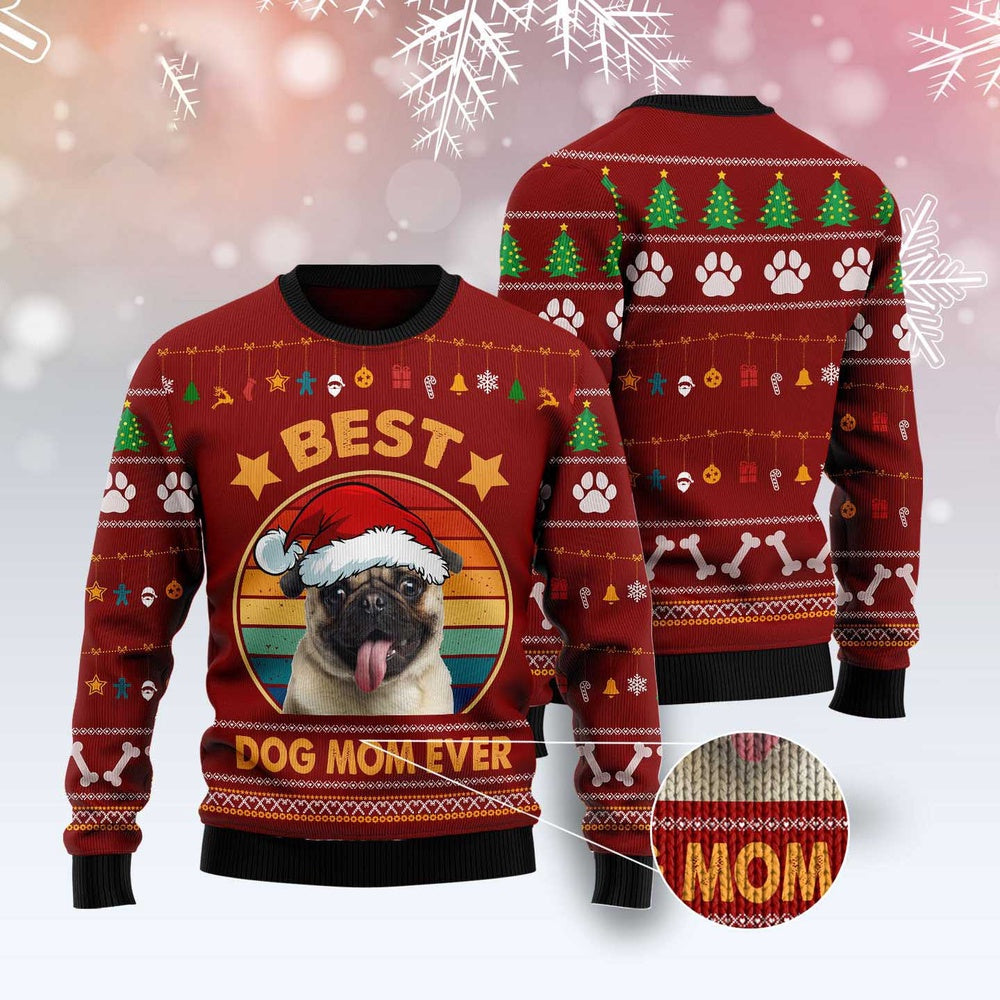 Dog Xmas Sweater, Pug Best Dog Mom Ever Ugly Christmas Sweater, Funny Xmas Sweater