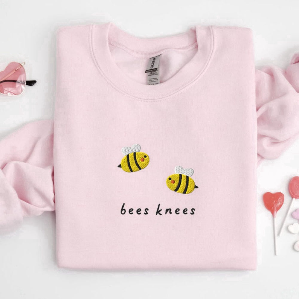 Eembroidered Custom Sweatshirts, Bees Knees Sweatshirt Embroidered, Embroidered Bees Crewneck Sweater For Family, Christmas Gift