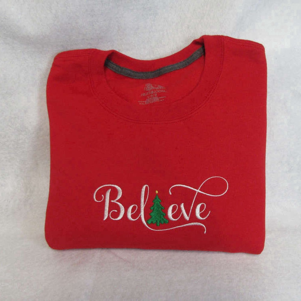 Eembroidered Custom Sweatshirts, Believe Christmas Embroidered Sweatshirt 2D Crewneck Sweatshirt Gift For Family, Christmas Gift