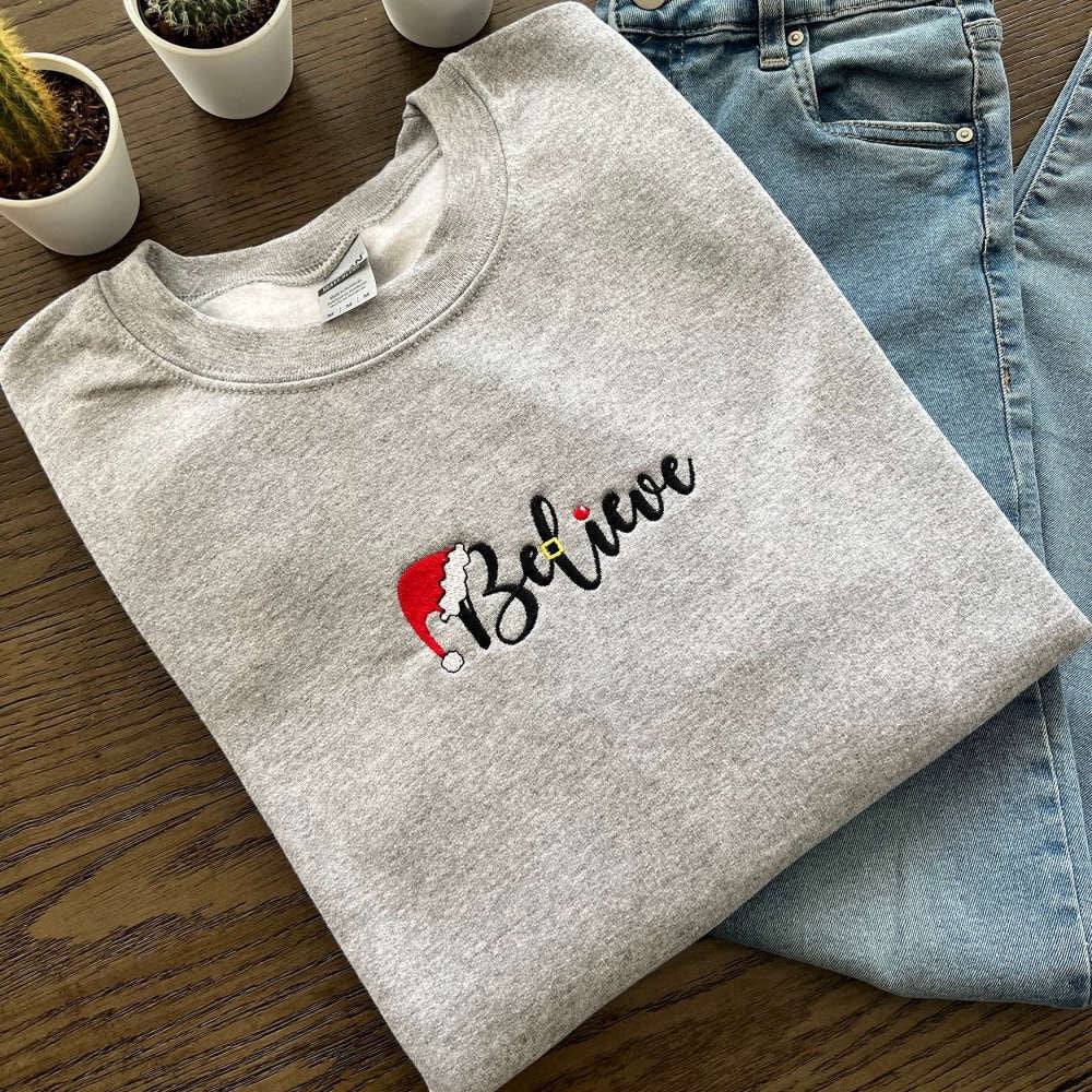 Eembroidered Custom Sweatshirts, Believe Embroidered Sweatshirt, Merry Christmas Shirt, Best Gift For Christmas, Christmas Gift