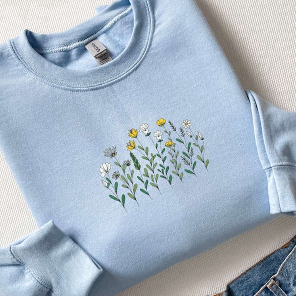 Eembroidered Custom Sweatshirts, Boho Floral Embroidered Sweatshirt 2D Crewneck Sweatshirt Best Gift For Family, Christmas Gift
