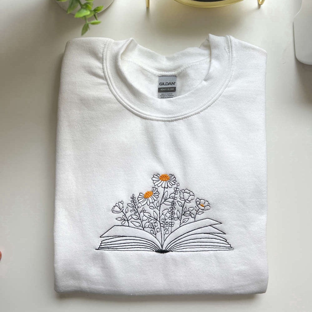 Eembroidered Custom Sweatshirts, Book With Flowers, Floral Book Embroidered Sweatshirt, Gift For Book Lover, Christmas Gift