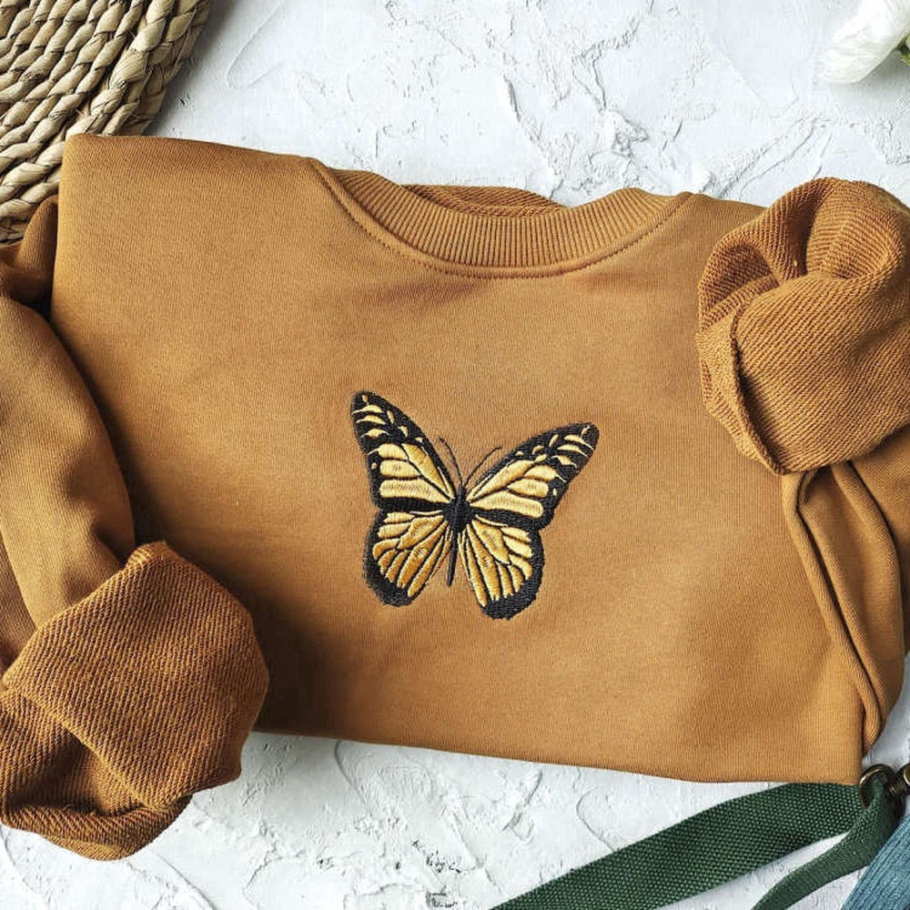 Eembroidered Custom Sweatshirts, Butterfly Embroidered Sweatshirt 2D Crewneck Sweatshirt Best Gift For Family, Christmas Gift