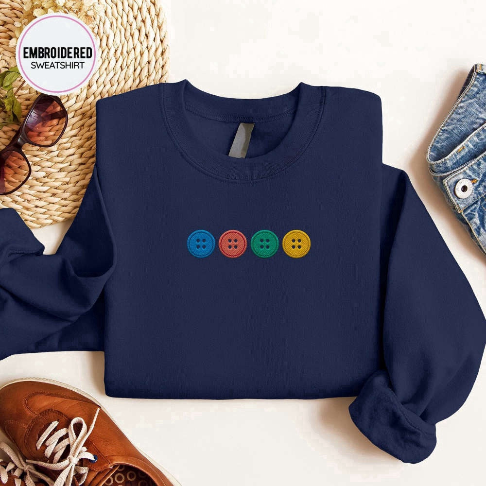 Eembroidered Custom Sweatshirts, Buttons Embroidered Sweatshirt 2D Crewneck Sweatshirt For Women And Women, Christmas Gift