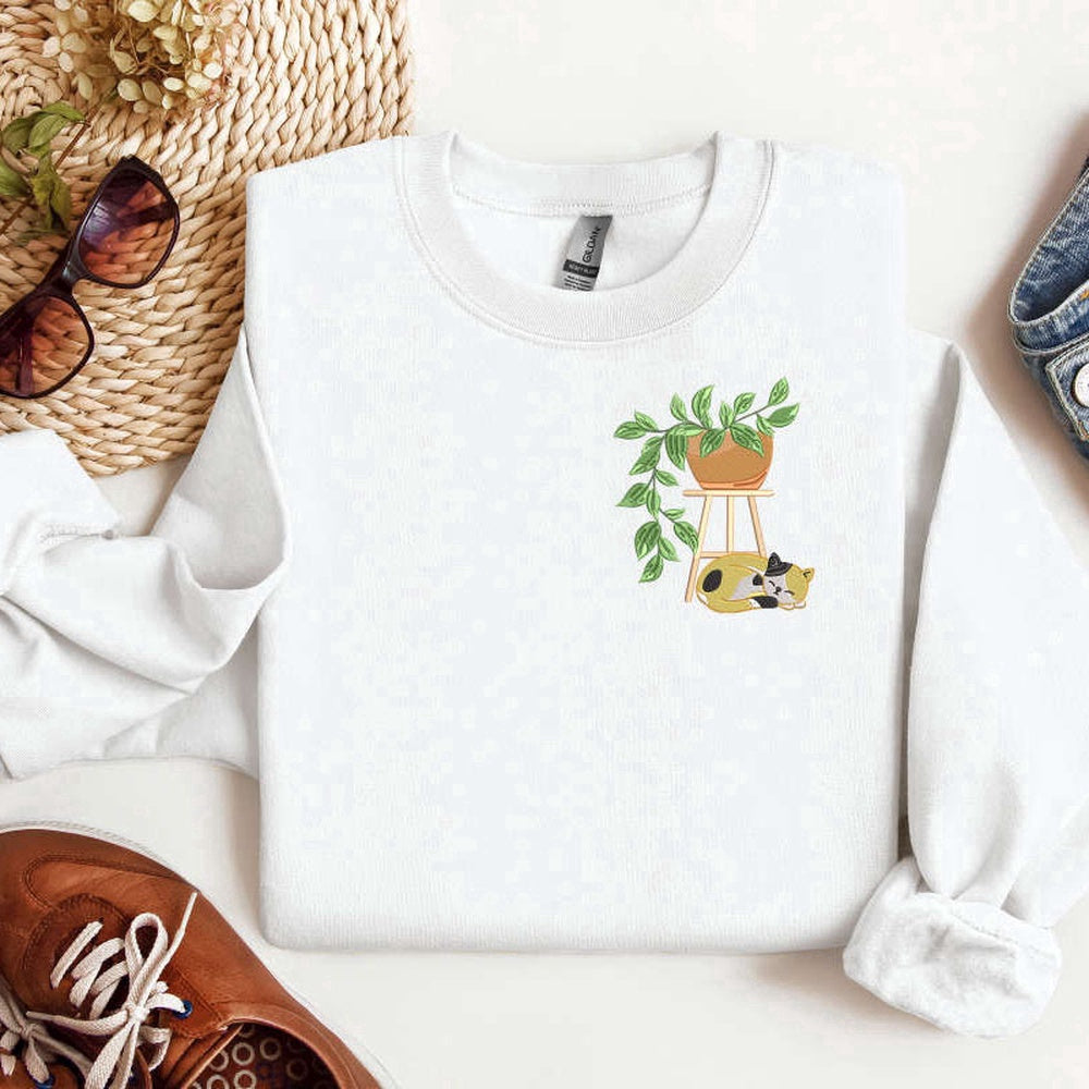 Eembroidered Custom Sweatshirts, Cat Plant Pot Embroidered Sweatshirt, Cat Flower Pot Embroidery Sweatshirt For Cat Lover, Christmas Gift