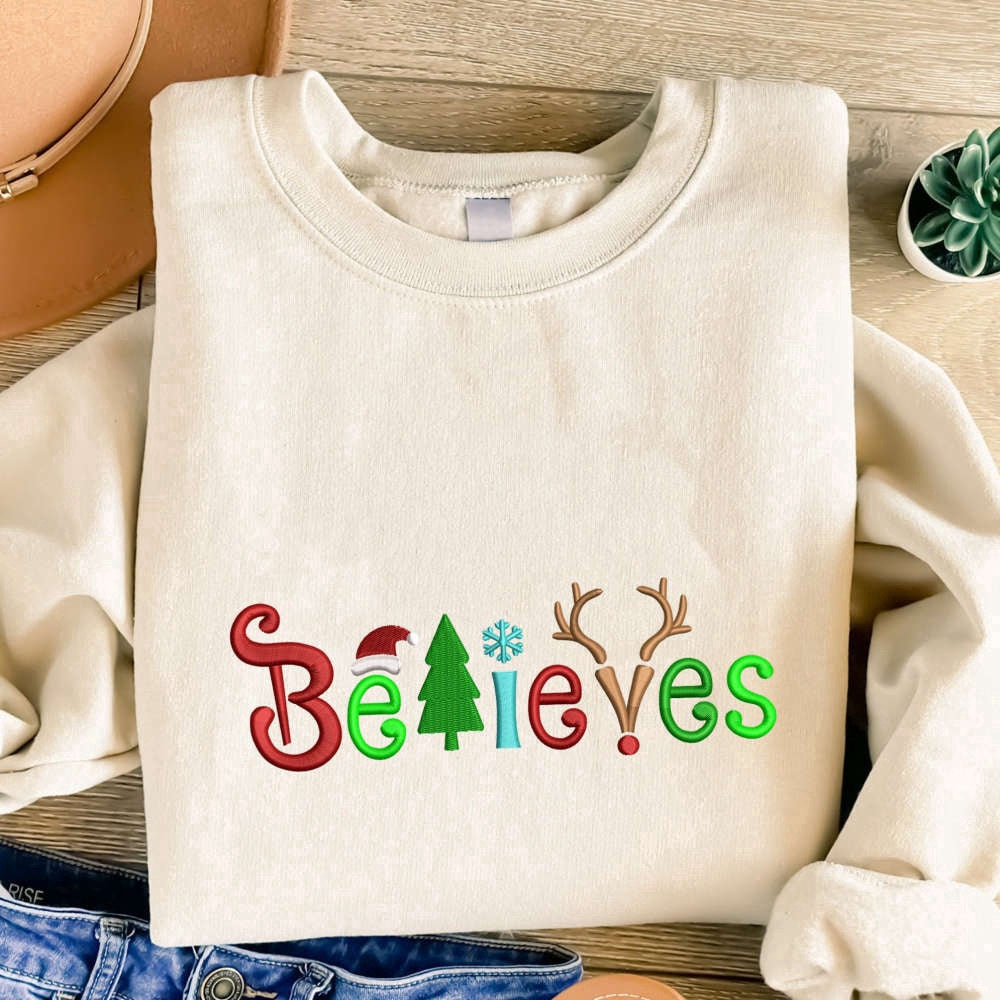 Eembroidered Custom Sweatshirts, Christmas Believes Embroidered Sweatshirt, Christmas Embroidery Crewneck For Family, Christmas Gift