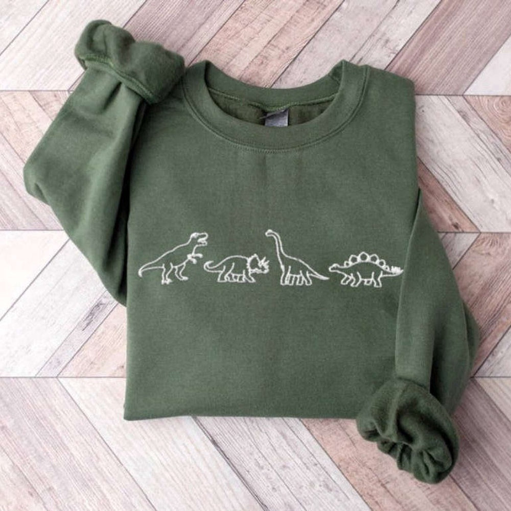 Eembroidered Custom Sweatshirts, Dinosaur Embroidered Sweatshirt 2D Crewneck Sweatshirt For Family, Christmas Gift