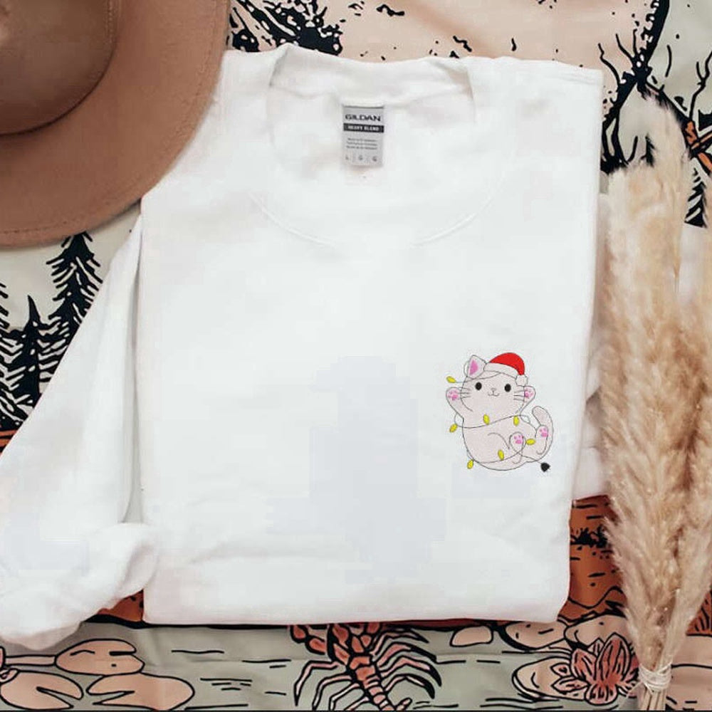 Eembroidered Custom Sweatshirts, Embroidered Cat Funny Christmas Sweatshirts, Embroidered Crewneck For Cat Lover, Christmas Gift