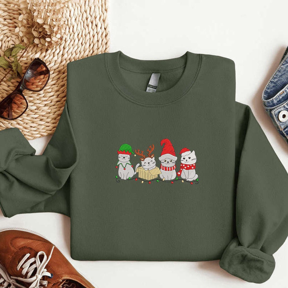 Eembroidered Custom Sweatshirts, Embroidered Cat Santa Christmas Sweatshirt, Christmas Crewneck Sweater For Family, Christmas Gift