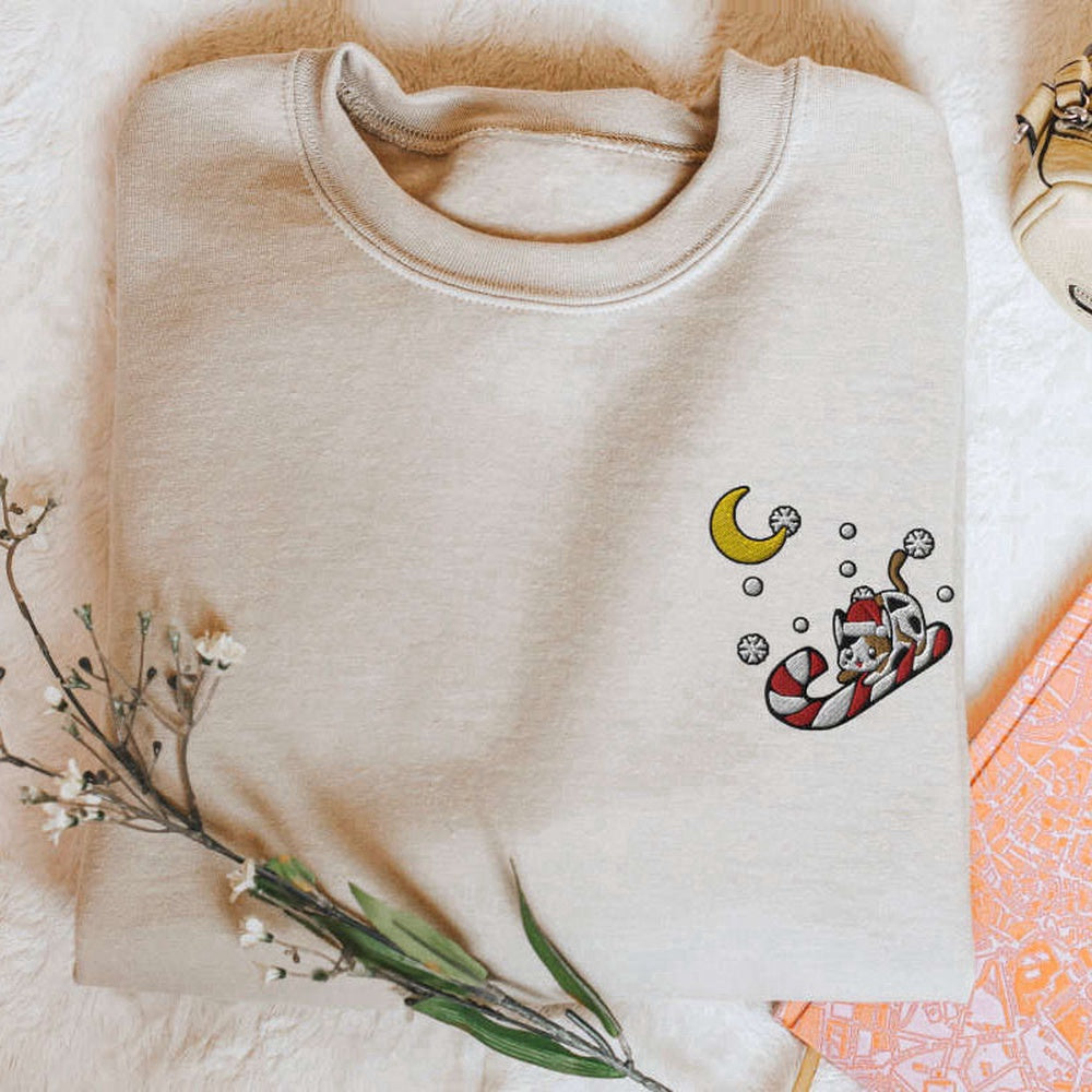 Eembroidered Custom Sweatshirts, Embroidered Christmas Cat Sweatshirt, Cute Xmas Kitten Sweater, For Cat Lover, Christmas Gift