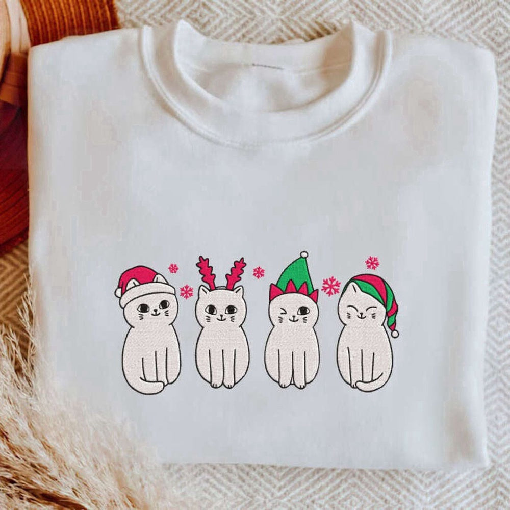 Eembroidered Custom Sweatshirts, Embroidered Christmas Cat Sweatshirt, Meowy Christmas Sweater, For Cat Lovers, Christmas Gift