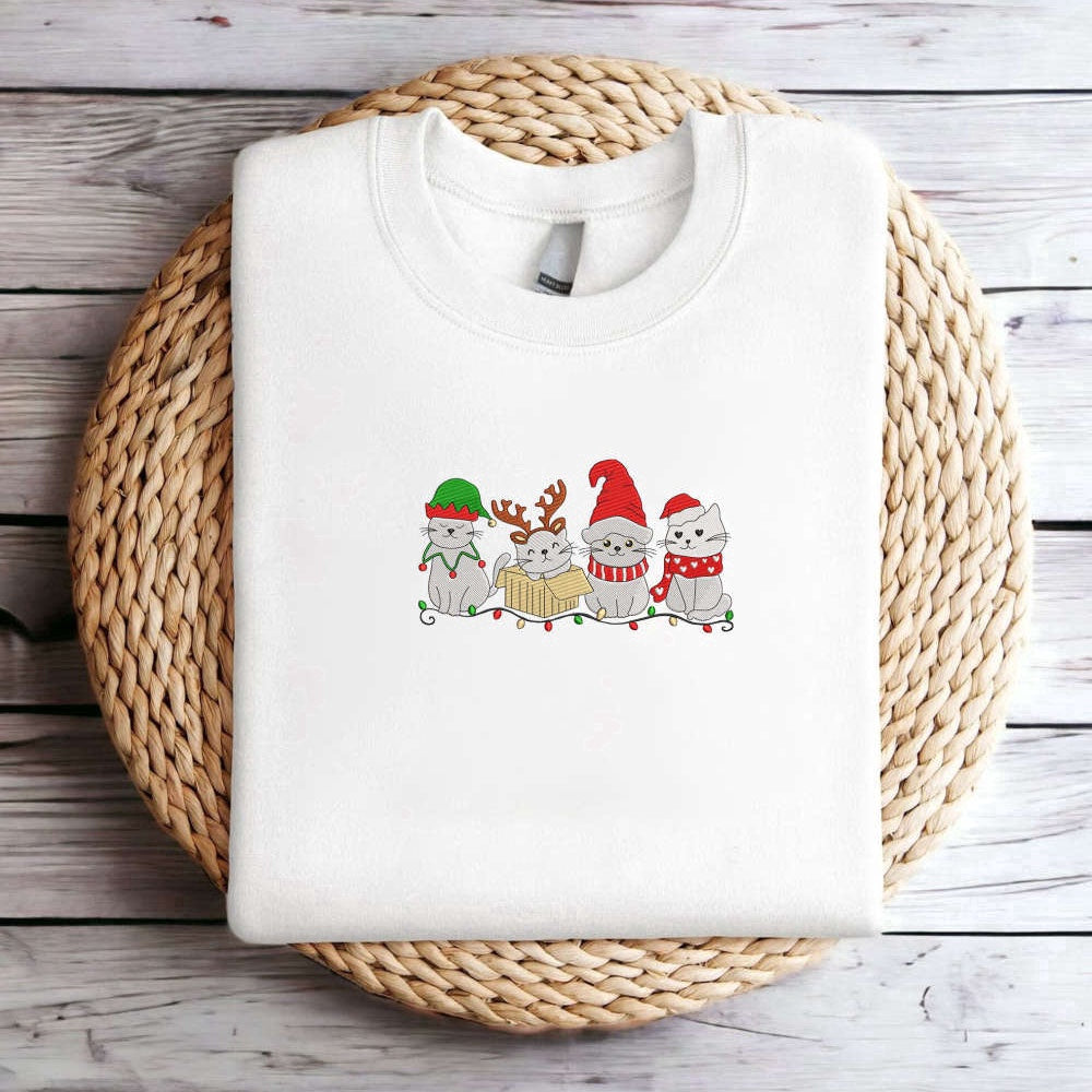 Eembroidered Custom Sweatshirts, Embroidered Christmas Cat Sweatshirt, Meowy Santa Christmas Sweatshirt For Christmas, Christmas Gift