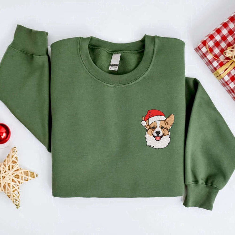 Eembroidered Custom Sweatshirts, Embroidered Christmas Corgi Dog Sweatshirt, Embroidered Sweater For Family, Christmas Gift