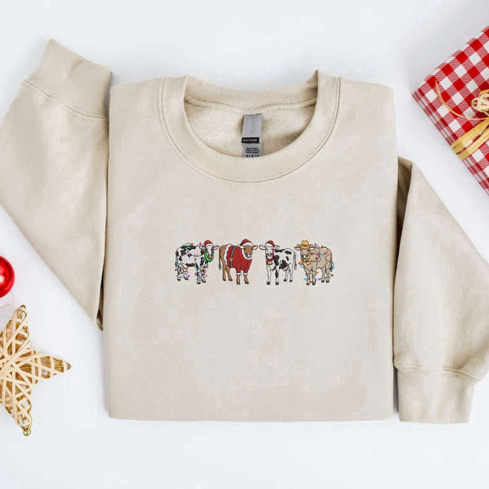 Eembroidered Custom Sweatshirts, Embroidered Christmas Cow Sweatshirt, Embroidered Cows Sweater For Christmas, Christmas Gift
