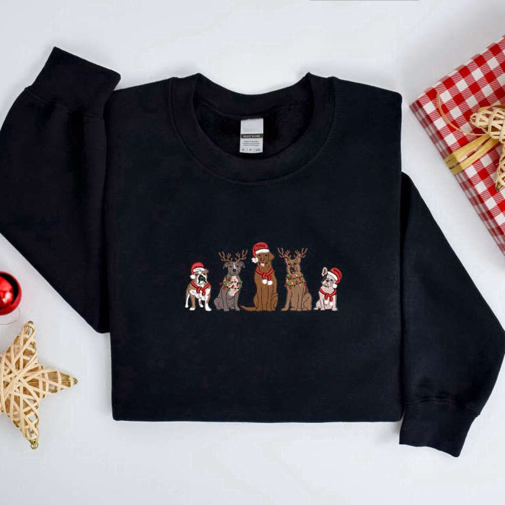 Eembroidered Custom Sweatshirts, Embroidered Christmas Dog Sweatshirt, Embroidered Dog Christmas Sweater For Family , Christmas Gift