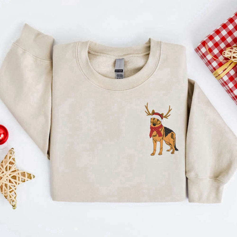 Eembroidered Custom Sweatshirts, Embroidered Christmas Dog Sweatshirt, German Shepherd Reindeer Christmas For Family, Christmas Gift