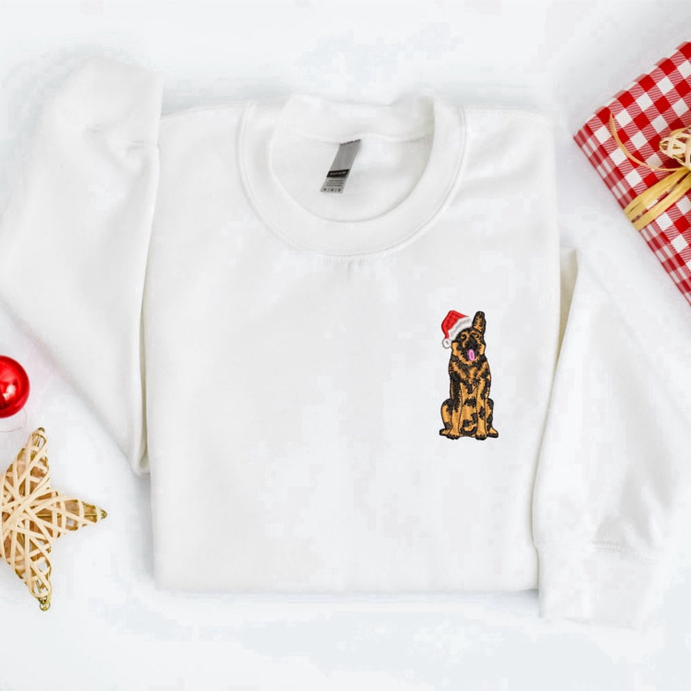 Eembroidered Custom Sweatshirts, Embroidered Christmas Dog Sweatshirt, German Shepherd Santa Dog Sweater For Family, Christmas Gift