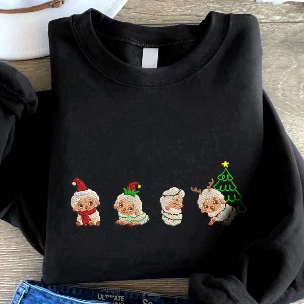 Eembroidered Custom Sweatshirts, Embroidered Christmas Sheep Sweatshirt, Cute Sheep Embroidered Sweatshirt For Family, Christmas Gift