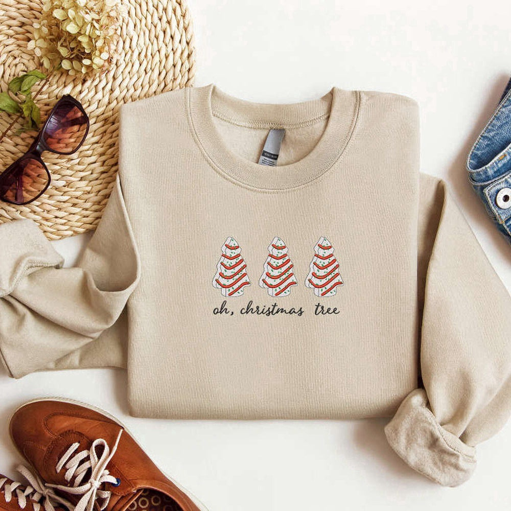 Eembroidered Custom Sweatshirts, Embroidered Christmas Tree Cake Sweatshirt Xmas Tree Cake Sweatshirt For Family, Christmas Gift