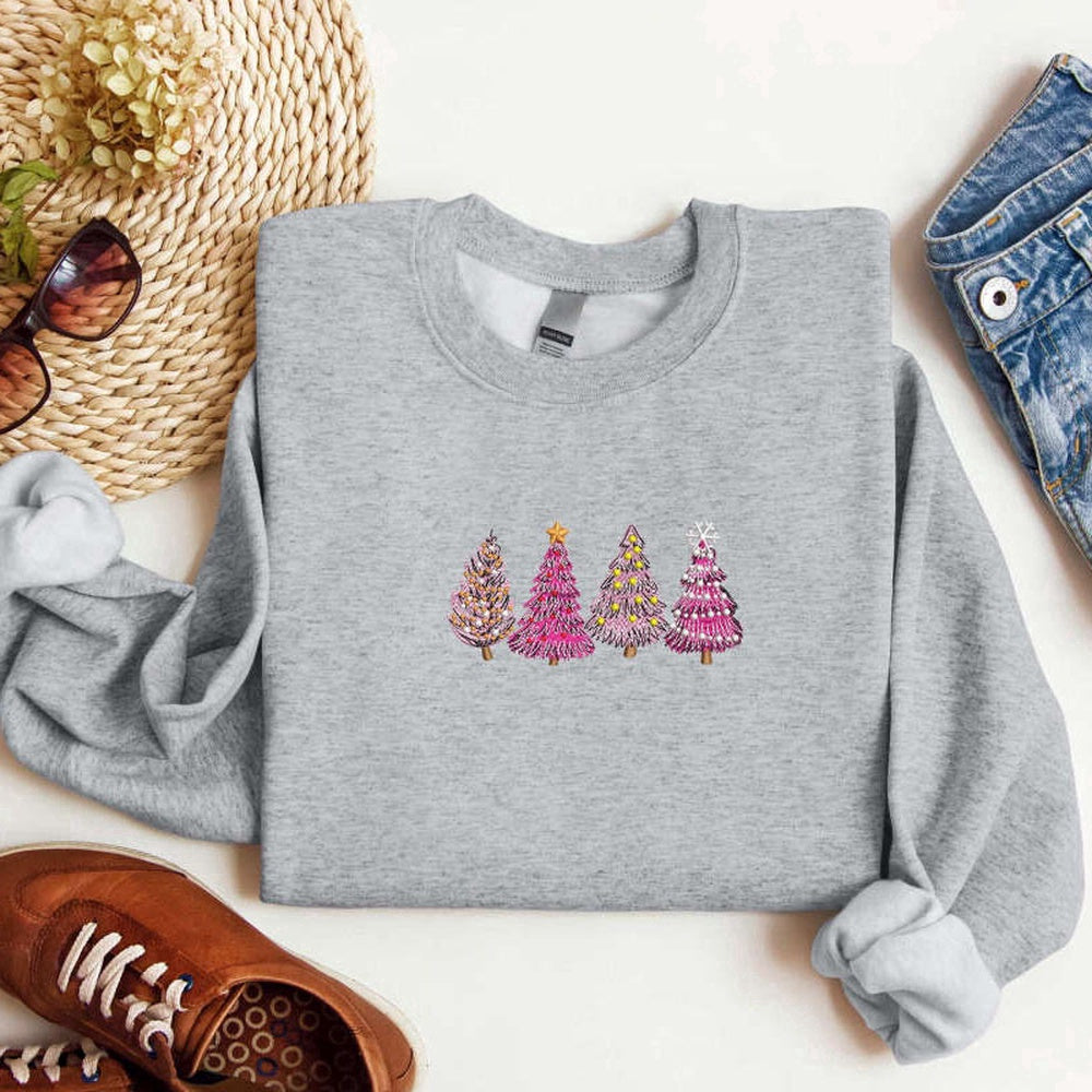 Eembroidered Custom Sweatshirts, Embroidered Christmas Tree Sweatshirt, Tree Pink Sweatshirt For Christmas, Christmas Gift