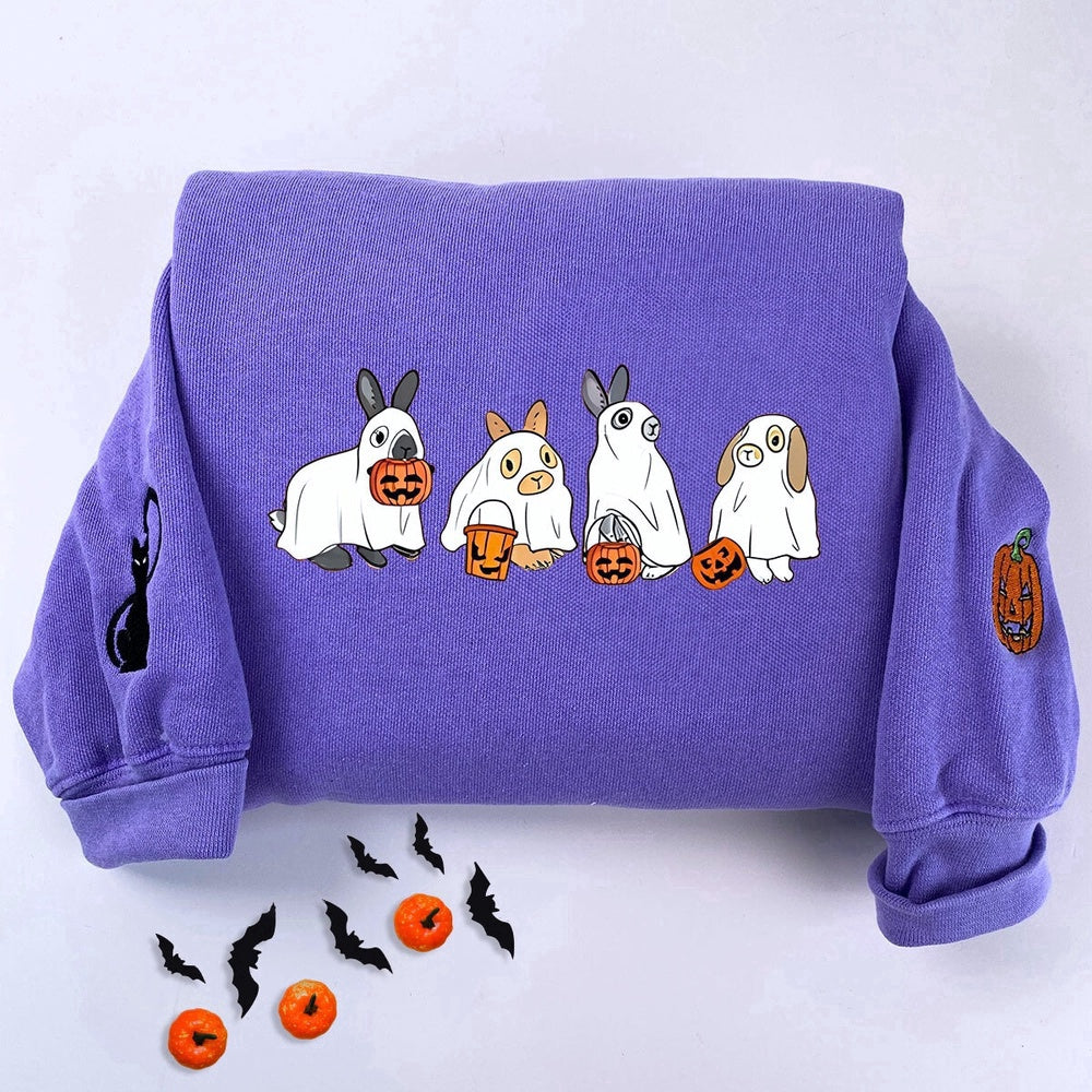 Eembroidered Custom Sweatshirts, Embroidered Cute Rabbit Ghost Halloween Sweatshirt, Christmas Gift