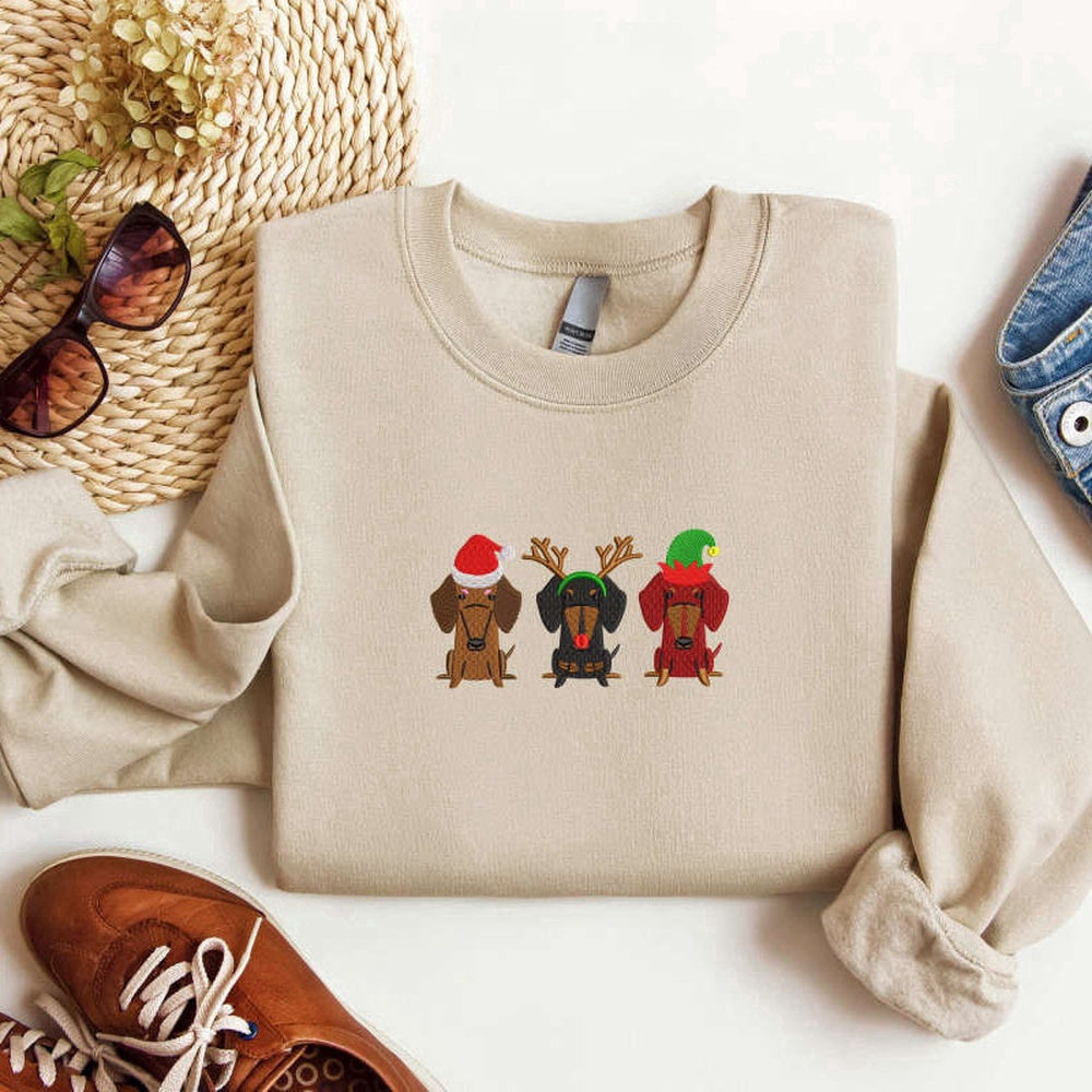 Eembroidered Custom Sweatshirts, Embroidered Dachshund Christmas Sweatshirt Xmas Dachshund Sweatshirt For Family, Christmas Gift