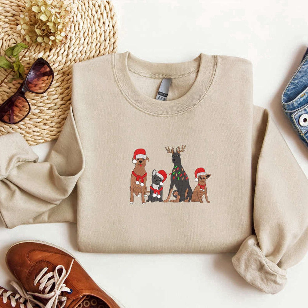 Eembroidered Custom Sweatshirts, Embroidered Dog Santa Christmas Sweatshirt Christmas Dog Sweatshirt Christmas Crewneck Sweater, Christmas Gift