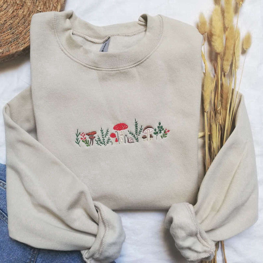 Eembroidered Custom Sweatshirts, Embroidered Fall Sweatshirt,Mushroom Embroidery, Fall Crewneck, Enchanted Forest, Christmas Gift