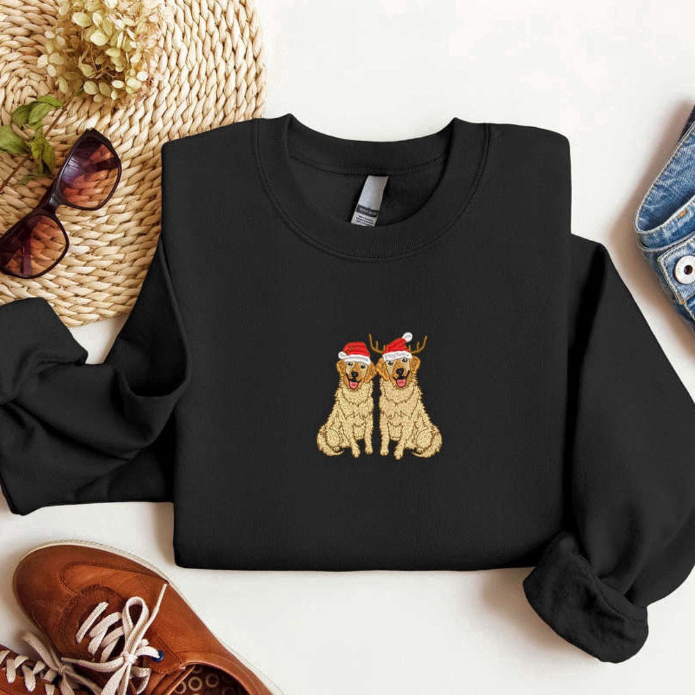 Eembroidered Custom Sweatshirts, Embroidered Golden Retriever Christmas Sweatshirt, 2D Crewneck Sweater For Family, Christmas Gift