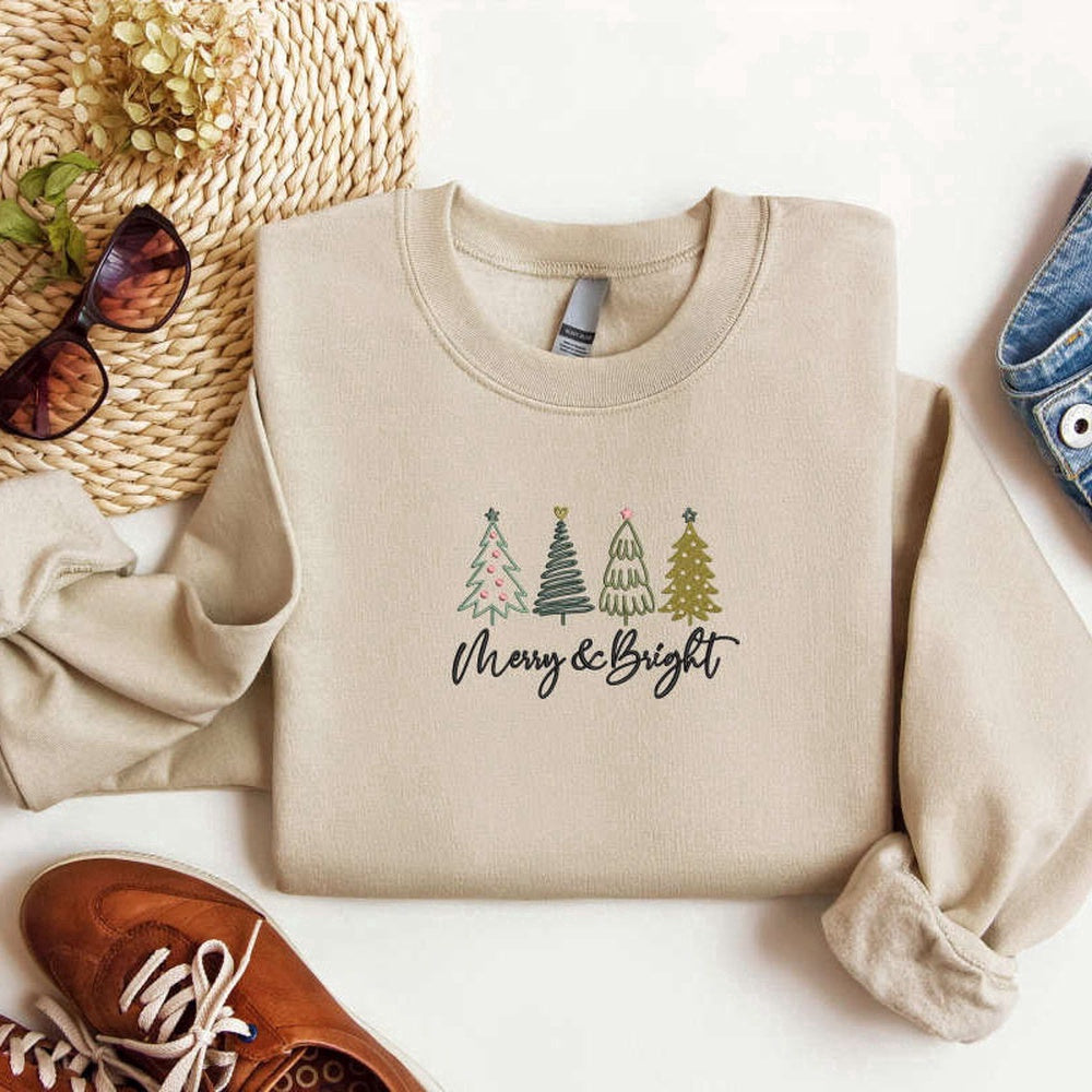Eembroidered Custom Sweatshirts, Embroidered Merry And Bright Christmas Sweatshirt, Christmas Tree Sweatshirt For Family, Christmas Gift