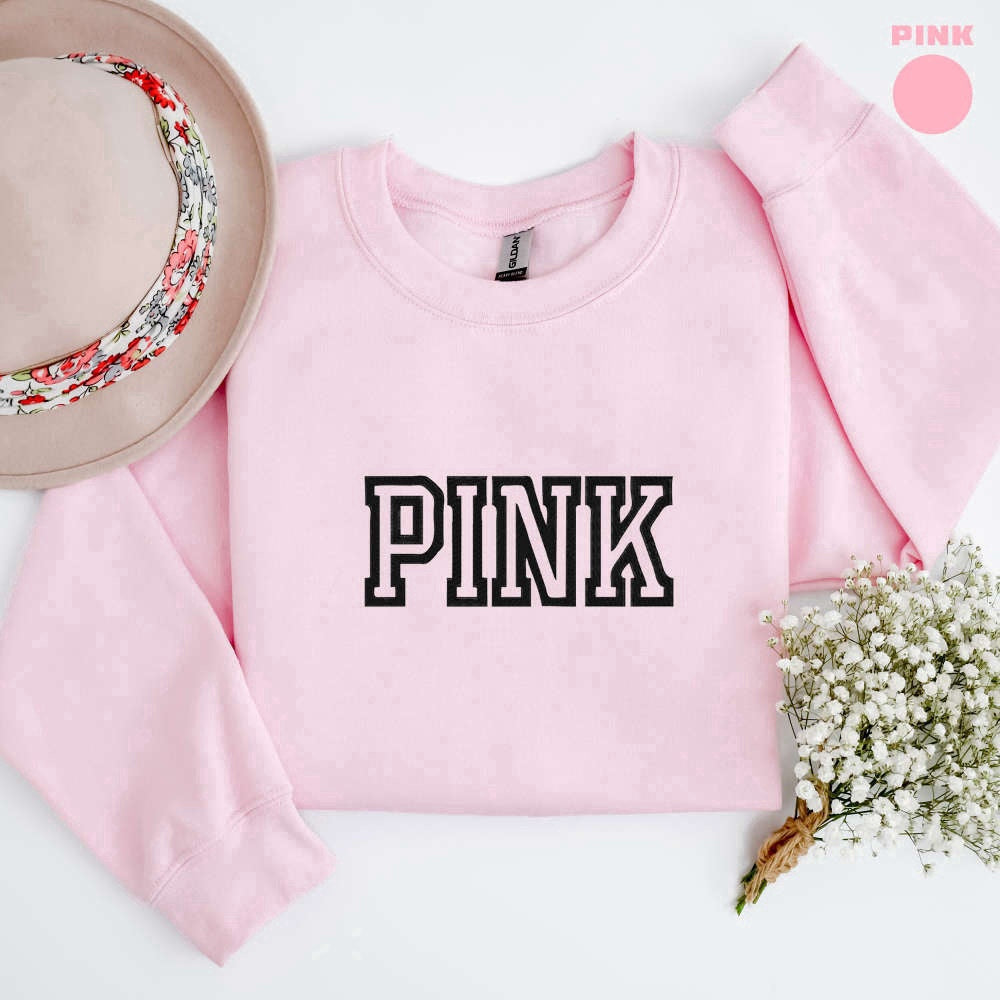 Eembroidered Custom Sweatshirts, Embroidered Pink Sweatshirt, 2D Crewneck Sweatshirt For Music Lover, Christmas Gift