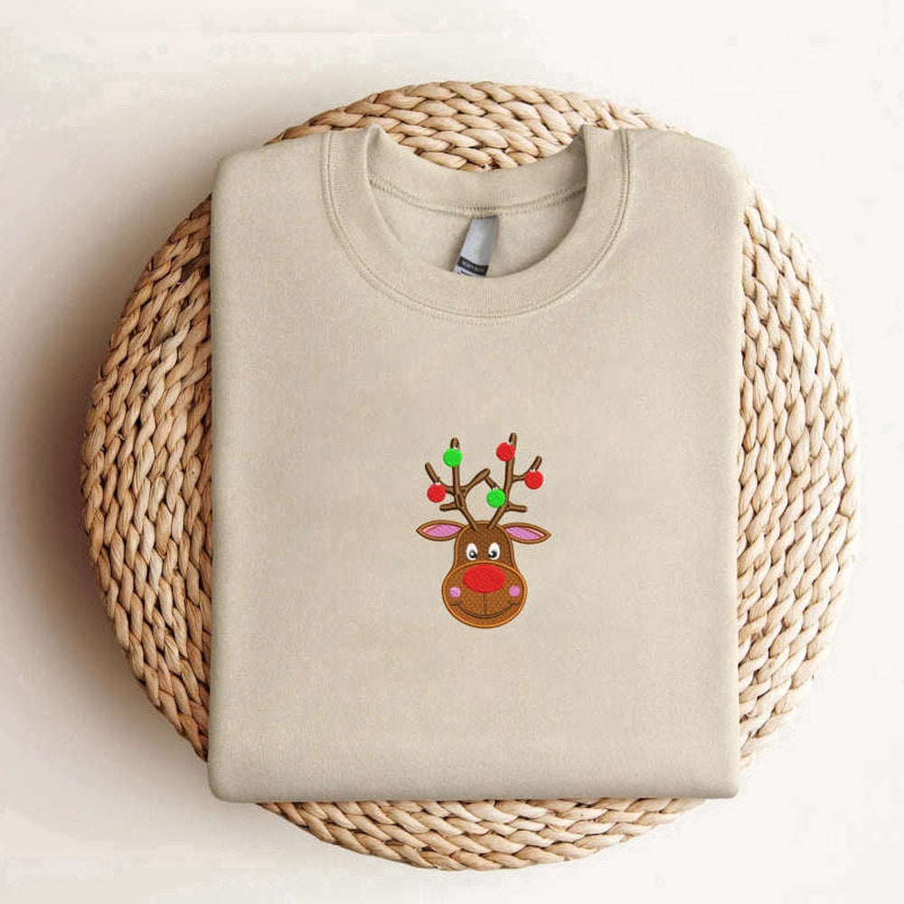 Eembroidered Custom Sweatshirts, Embroidered Reindeer Christmas Sweatshirt 2D Crewneck Sweatshirt For Christmas, Christmas Gift