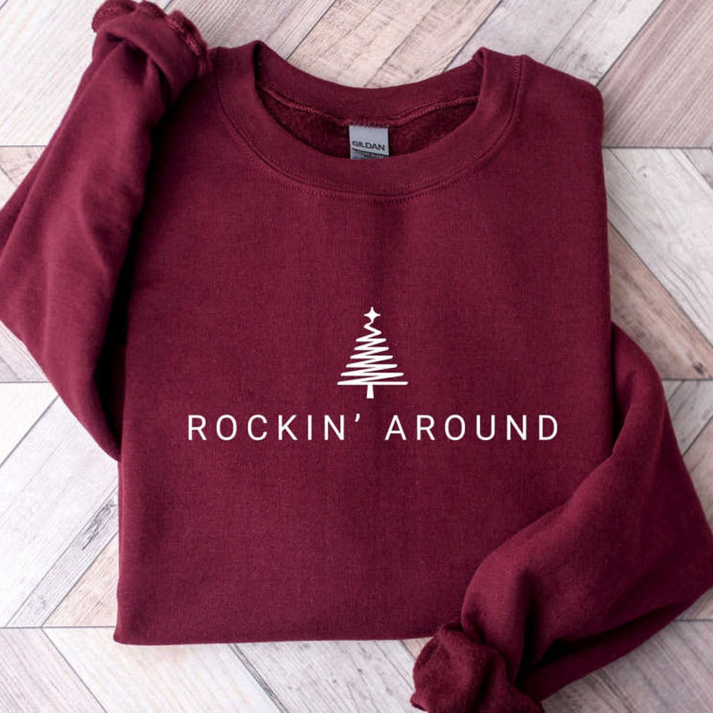Eembroidered Custom Sweatshirts, Embroidered Rockin' Around The Christmas Tree Sweatshirt, Merry Xmas Shirt Gift, Christmas Gift