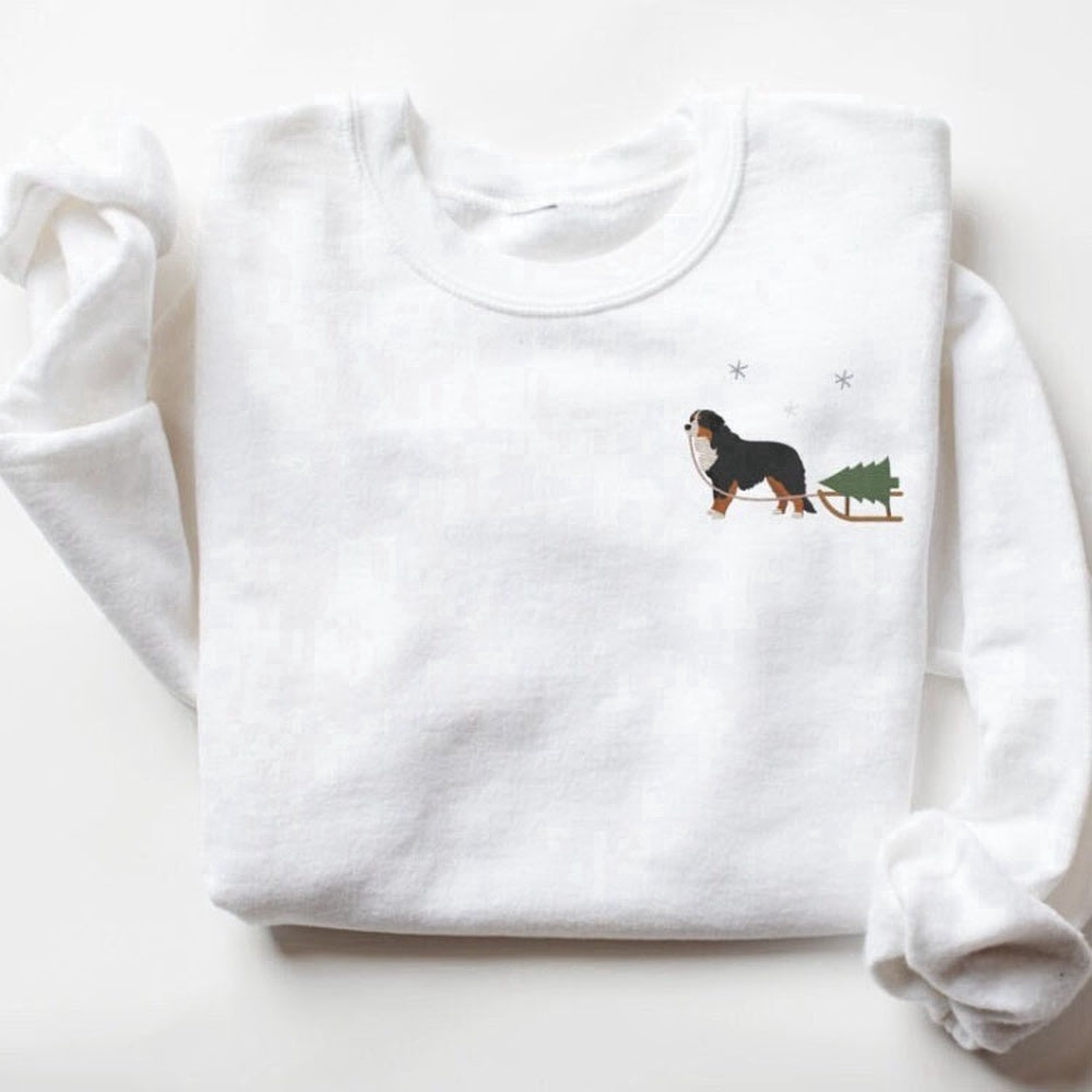 Eembroidered Custom Sweatshirts, Embroidered Sweatshirt, Bernese Mountain Dog Harvesting A Christmas Tree For Family, Christmas Gift