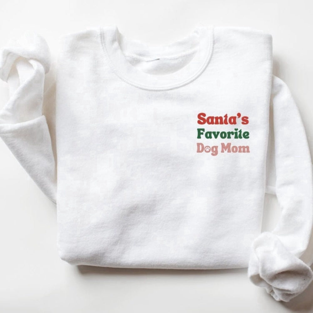 Eembroidered Custom Sweatshirts, Embroidered Sweatshirt, Santa'S Favorite Dog Mom, Gift For Dog Lovers, Christmas Gift