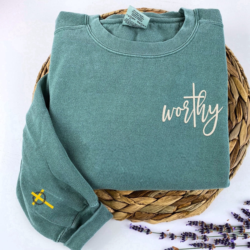 Eembroidered Custom Sweatshirts, Embroidered Worthy Sweatshirt, I Deserve My Desires On Sleeve, Christmas Gift