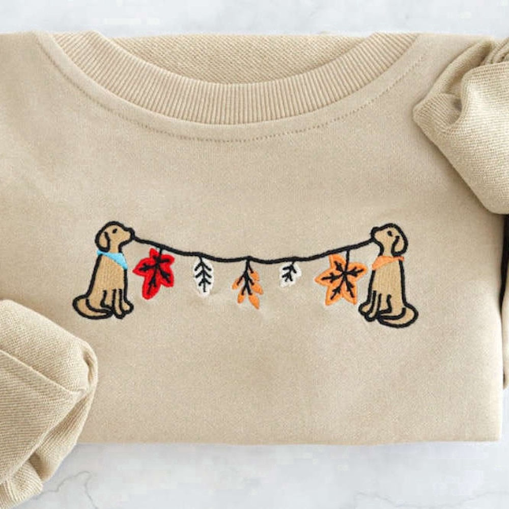 Eembroidered Custom Sweatshirts, Fall Leaves Dog Embroidered Sweatshirt 2D Crewneck Sweatshirt For Family, Christmas Gift