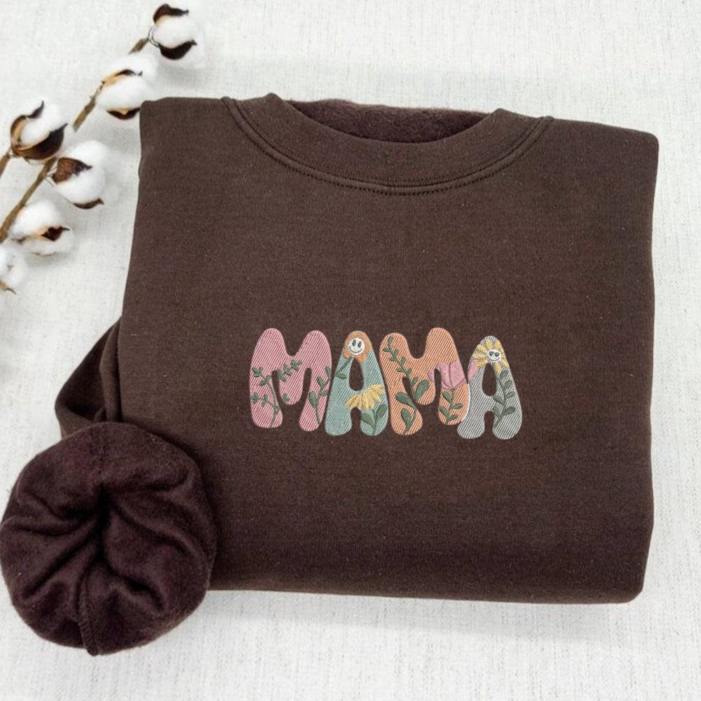 Eembroidered Custom Sweatshirts, Flower Mama 1 Embroidered Sweatshirt With Kids Name On Sleeve, Mama Gift Ideas, Christmas Gift