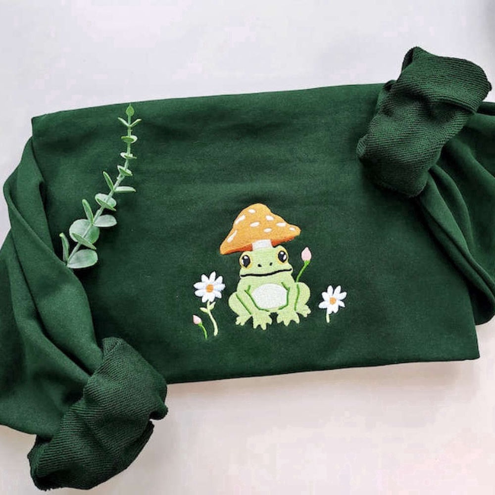 Eembroidered Custom Sweatshirts, Frog And Daisy Embroidered Sweatshirt 2D Crewneck Sweatshirt For Women And Women, Christmas Gift