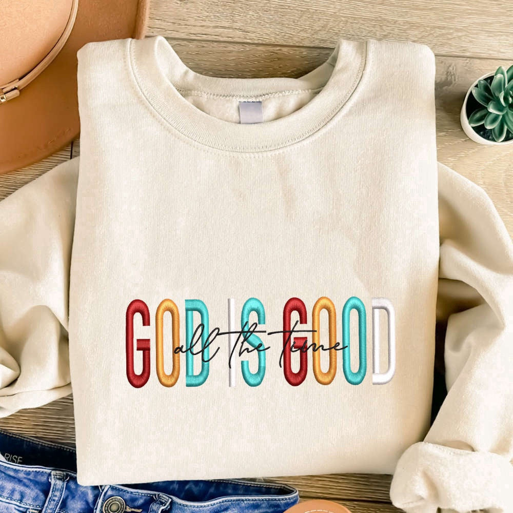 Eembroidered Custom Sweatshirts, God Is Good Embroidered Sweatshirt, Christmas Embroidery Crewneck For Family, Christmas Gift