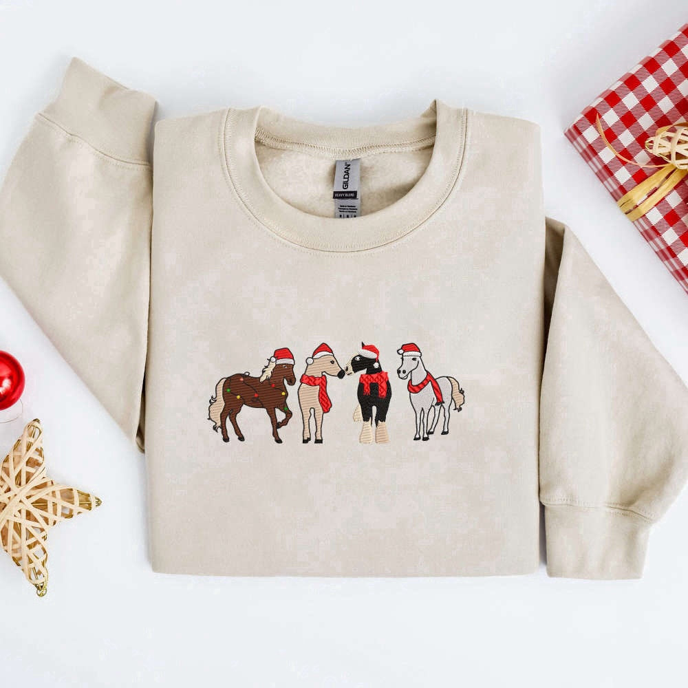 Eembroidered Custom Sweatshirts, Horses Merry Christmas Embroidery Sweatshirt, Embroidery Crewneck Sweatshirt For Family, Christmas Gift
