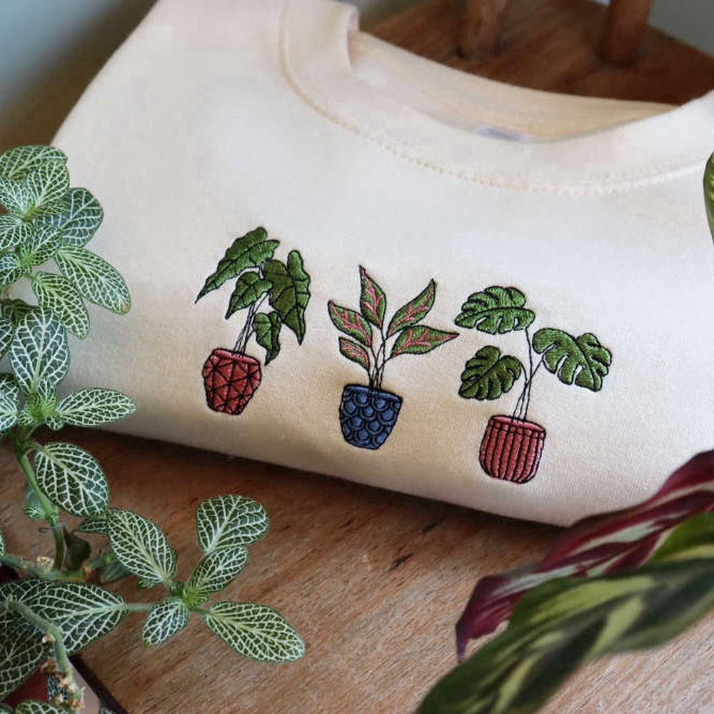 Eembroidered Custom Sweatshirts, House Plants, Embroidered Sweatshirt, House Plant Eco Jumper Gift For Family, Christmas Gift