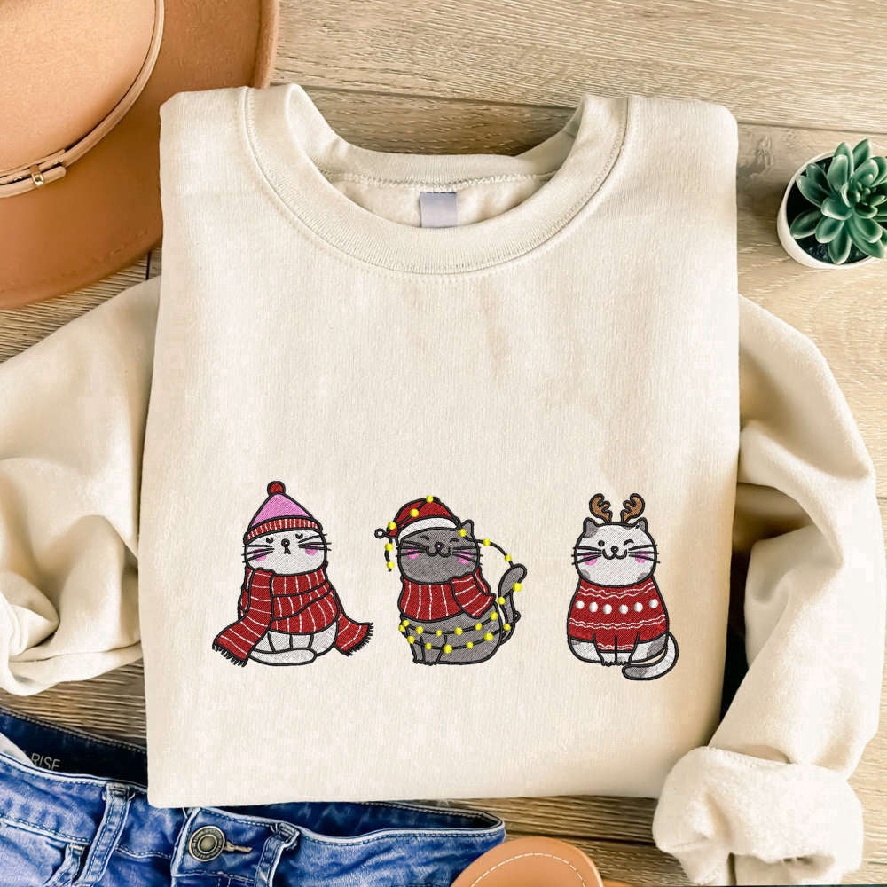 Eembroidered Custom Sweatshirts, Meowy Christmas Embroidered Sweatshirt, Cute Cats Embroidered Sweatshirt For Christmas, Christmas Gift