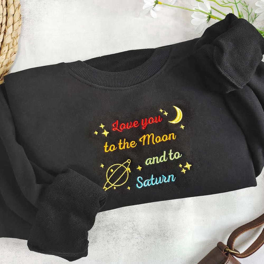Eembroidered Custom Sweatshirts, Moon & Saturn Embroidered Sweatshirt 2D Crewneck Sweatshirt Best Gift For Family, Christmas Gift
