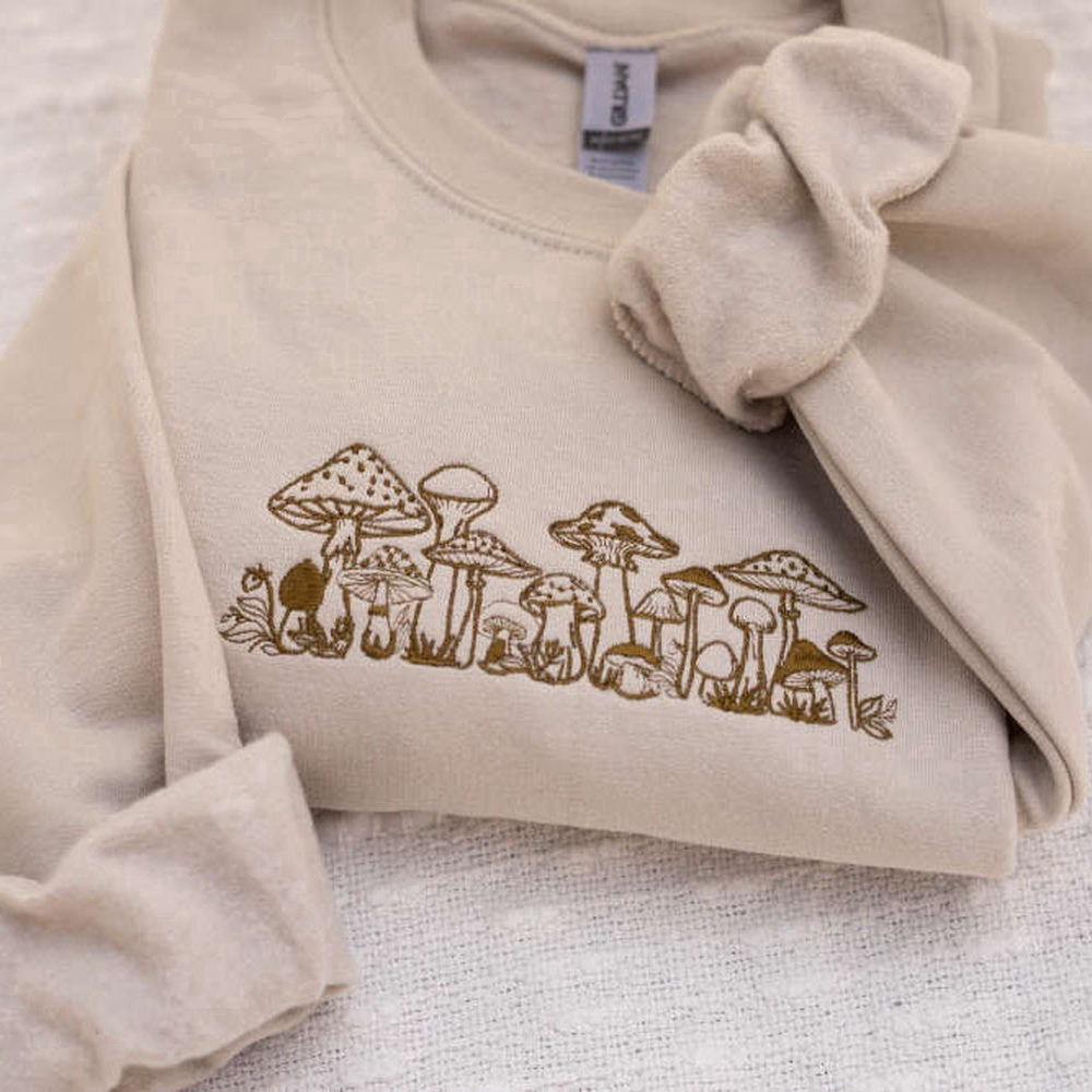 Eembroidered Custom Sweatshirts, Mushroom Embroidered Crewneck Sweatshirt, Mushroom Embroidery Design For Family, Christmas Gift