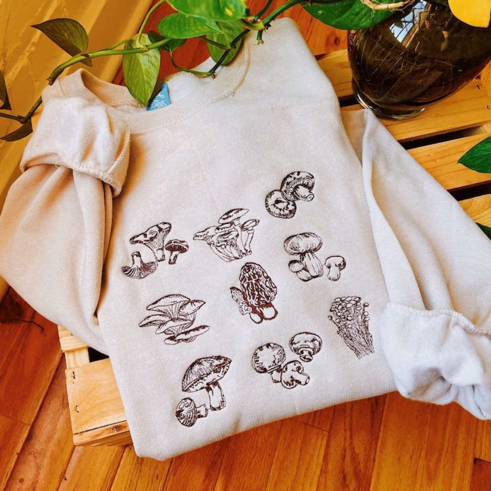 Eembroidered Custom Sweatshirts, Mushrooms Embroidered Sweatshirt 2D Crewneck Sweatshirt For Men And Women, Christmas Gift