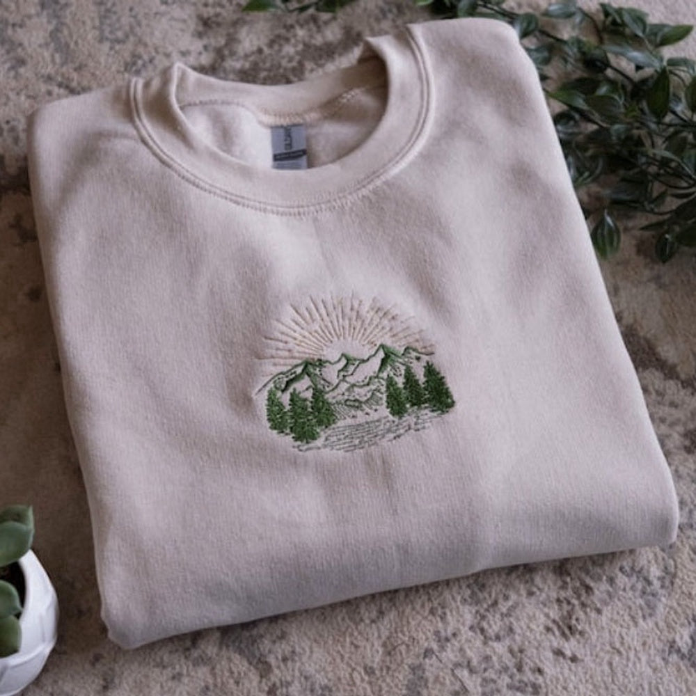 Eembroidered Custom Sweatshirts, Outdoor Mountain Scenery Embroidered Sweatshirt 2D Crewneck Sweatshirt Best Gift For Family, Christmas Gift