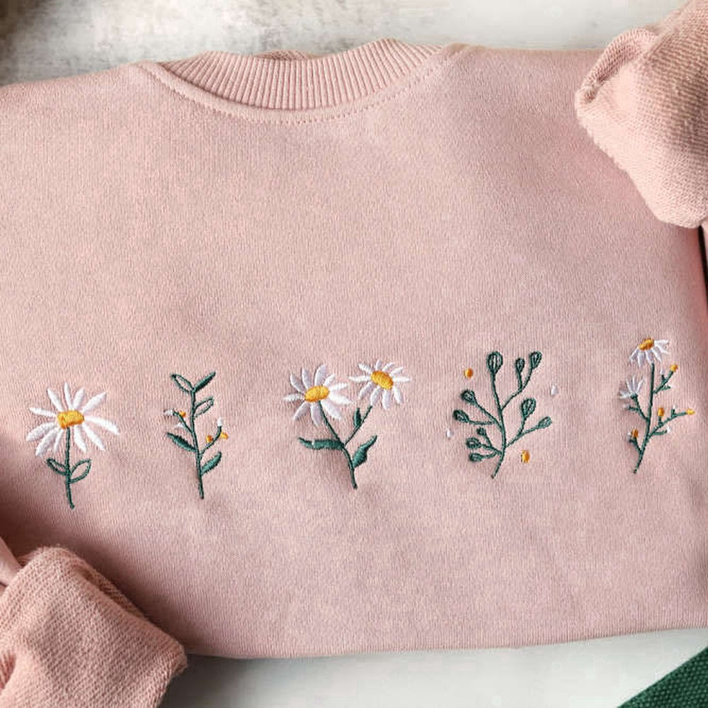 Eembroidered Custom Sweatshirts, Pink Daisy Embroidered Sweatshirt 2D Crewneck Sweatshirt For Family, Christmas Gift